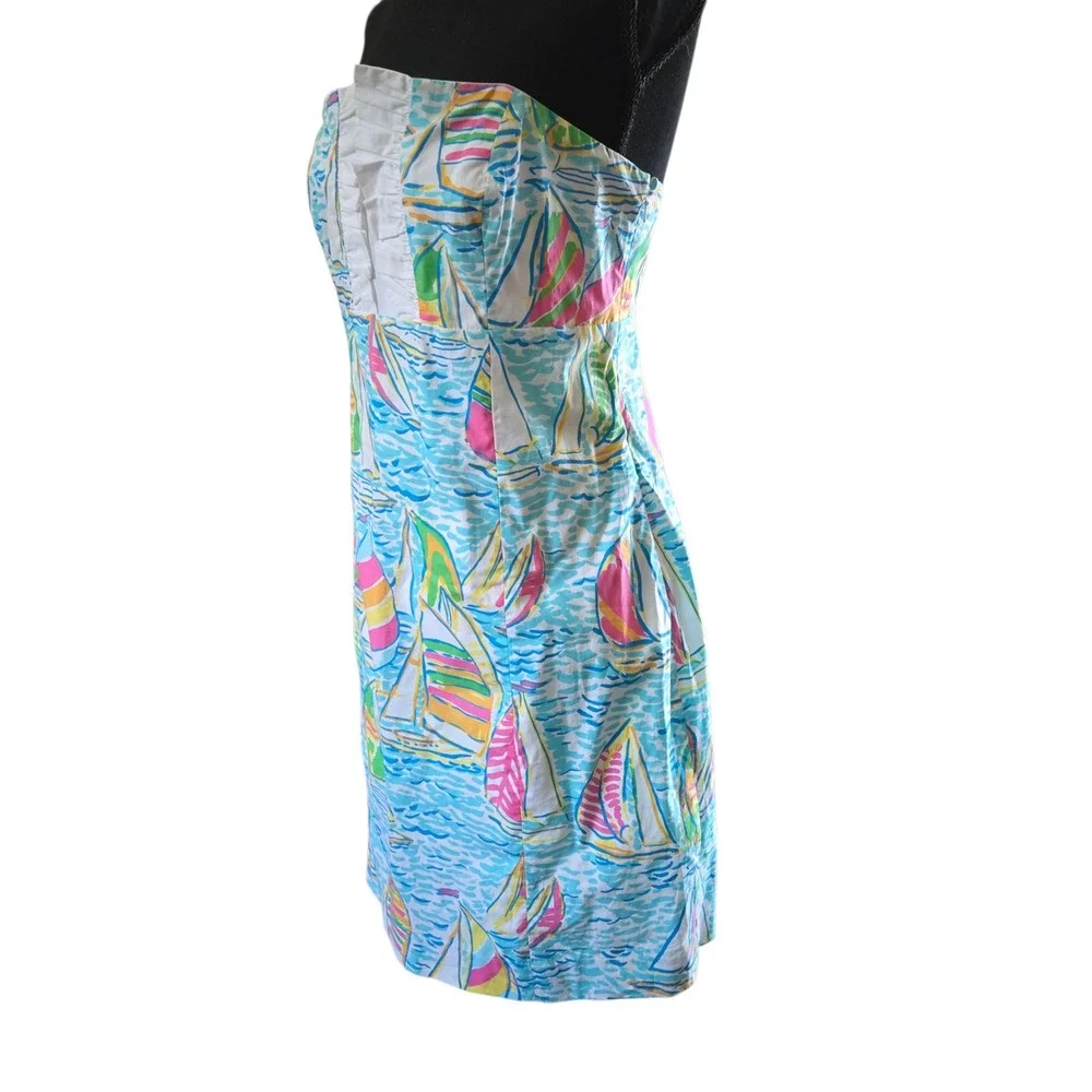 Lilly Pulitzer Sailboat Print Strapless Dress Blue Pink Cotton Size 10 - Picture 5 of 11
